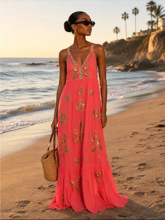 Calypso St. Barth Dresses & Skirts - Calypso St. Barth Coral Maxi Dress with Gold Embellishment